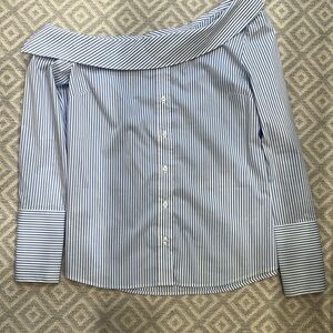 Blue striped shirt fabric off shoulder